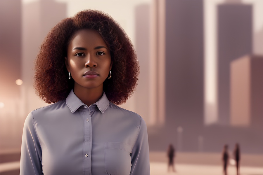 A young African American woman standing in front of a city.
