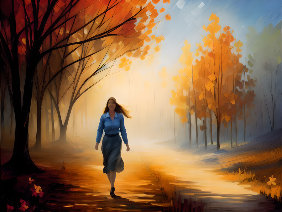 An outstanding painting of a woman walking through a forest.