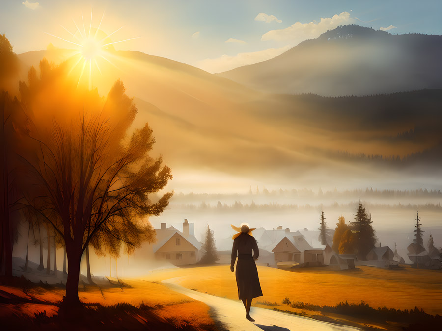 A leading painting of a woman walking down a road in the countryside.
