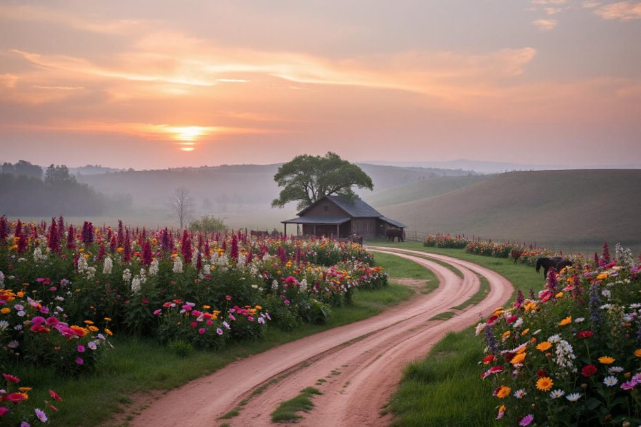 A winding dirt path cuts through vibrant wildflowers, evoking the charm of heritage-inspired bohemian trends, as a quaint house awaits under a sunset sky.