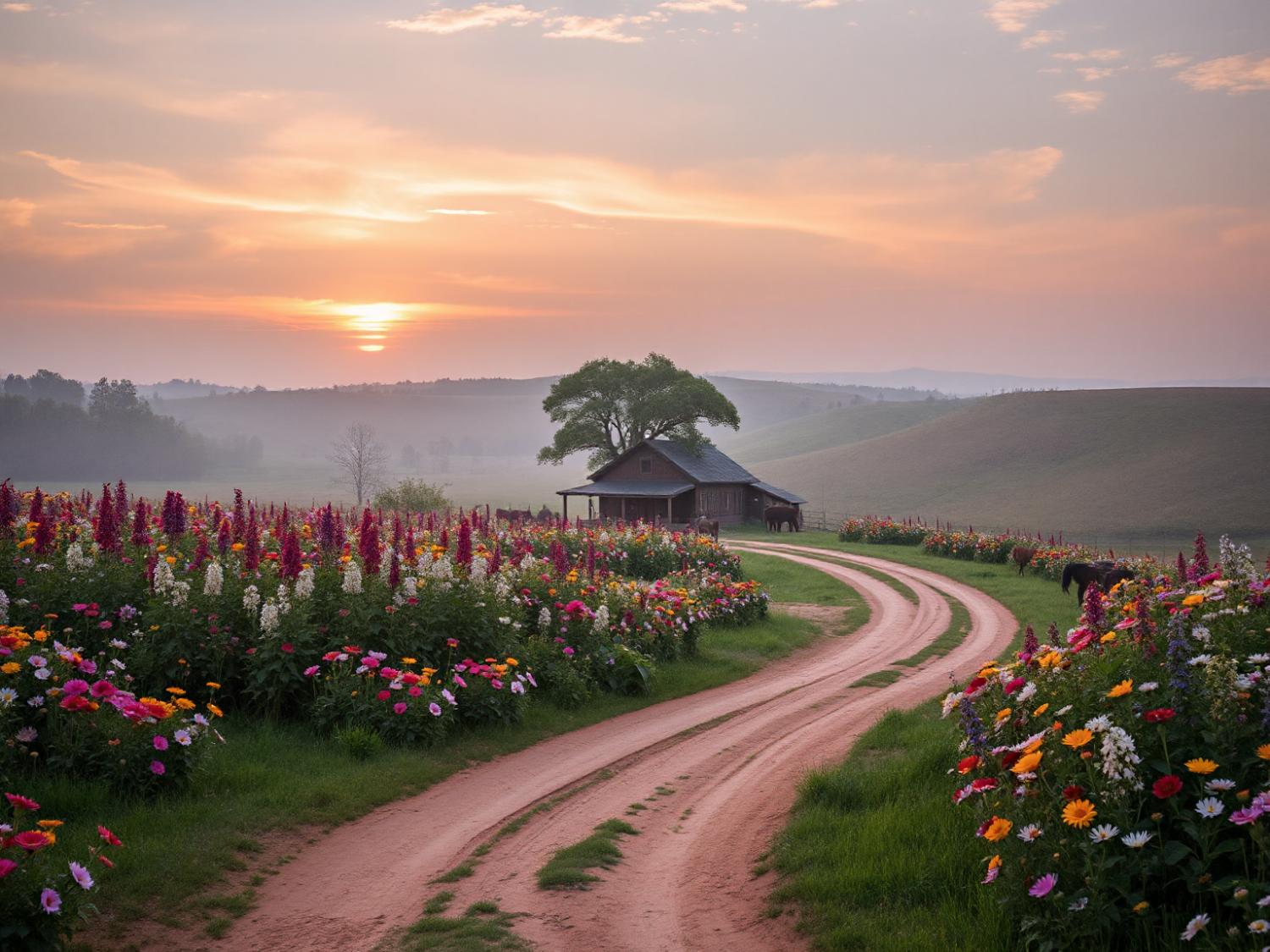 A winding dirt path cuts through vibrant wildflowers, evoking the charm of heritage-inspired bohemian trends, as a quaint house awaits under a sunset sky.