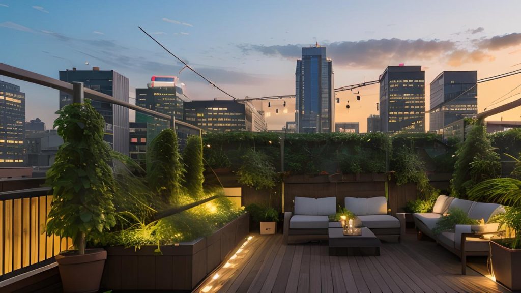 Chic rooftop patio at sunset with New Heritage Collection seating, lush greenery, and twinkling lights—a blend of urban style and serenity.