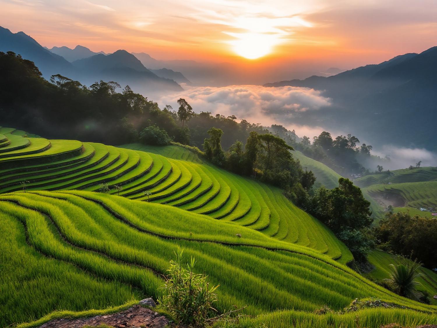 Sunrise over lush terraced rice fields evokes timeless elegance akin to the New Heritage Collection's serene fashion statement.