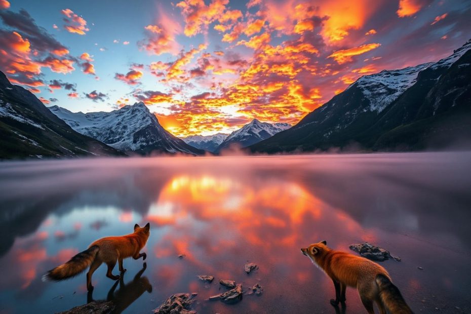 Two foxes by a tranquil lake, reflecting sunset hues. A surreal scene with snow-capped mountains, perfect for nature-inspired fashion tones.