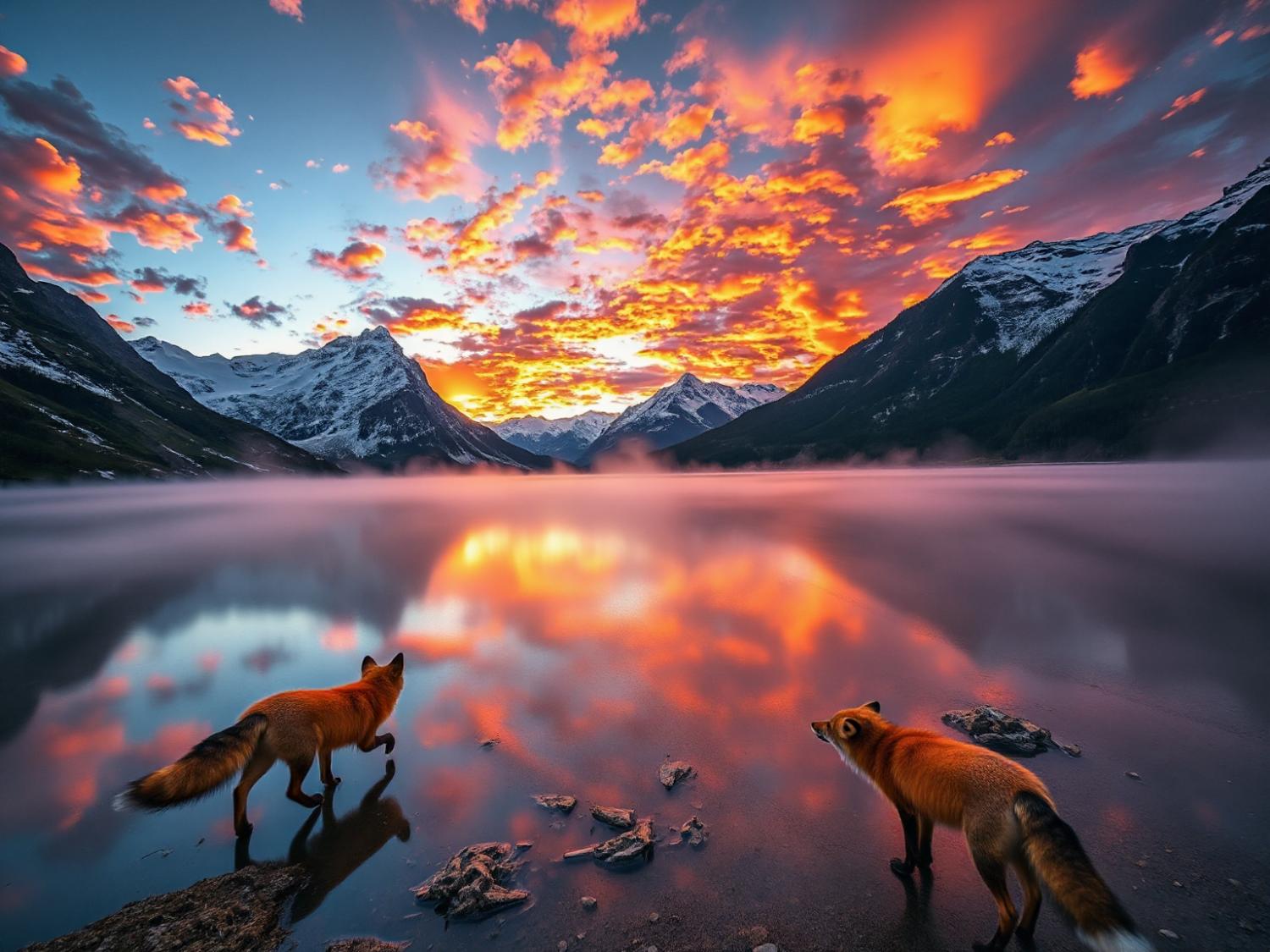Lightweight Overnight Bags for Quick Getaways Two foxes by a tranquil lake, reflecting sunset hues. A surreal scene with snow-capped mountains, perfect for nature-inspired fashion tones.