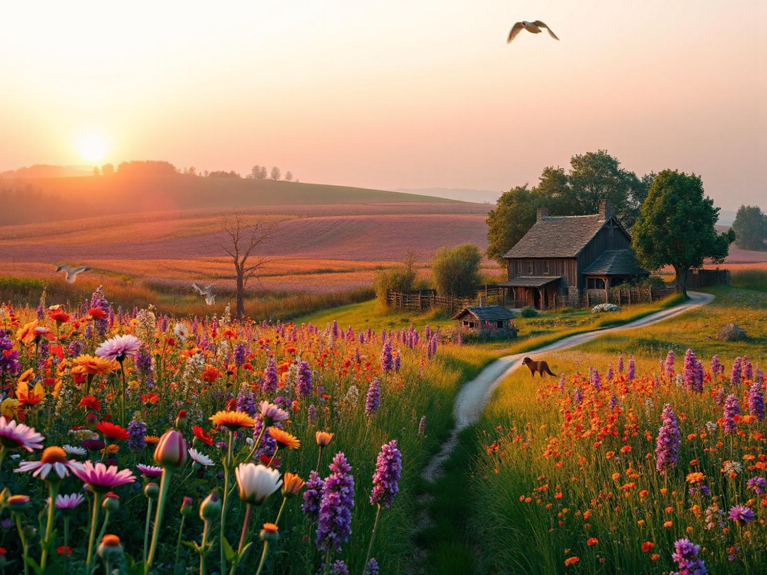 A sunrise scene with a dirt path to a rustic house, wildflowers akin to floral fashion trends, and birds soaring over picturesque hills.