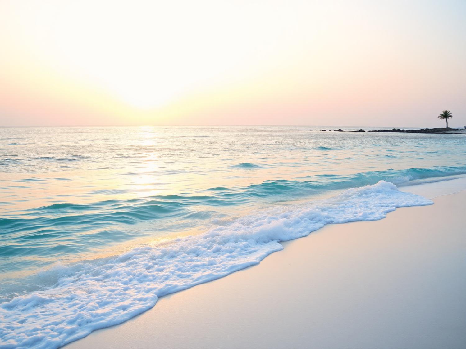 At sunrise on a tranquil beach, a lone palm tree and briefcase create a serene scene, blending nature with minimalist style.