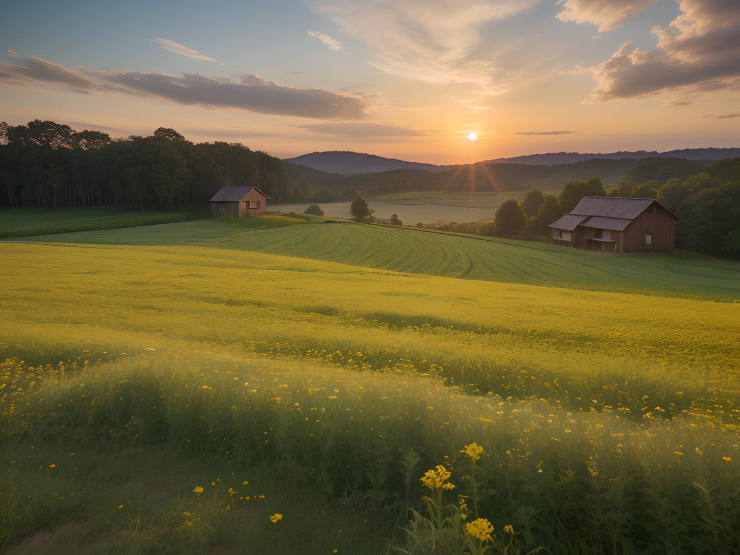 A picturesque field of yellow blooms at sunset, rustic barns from the Heritage Collection amidst rolling hills—nature’s timeless style.