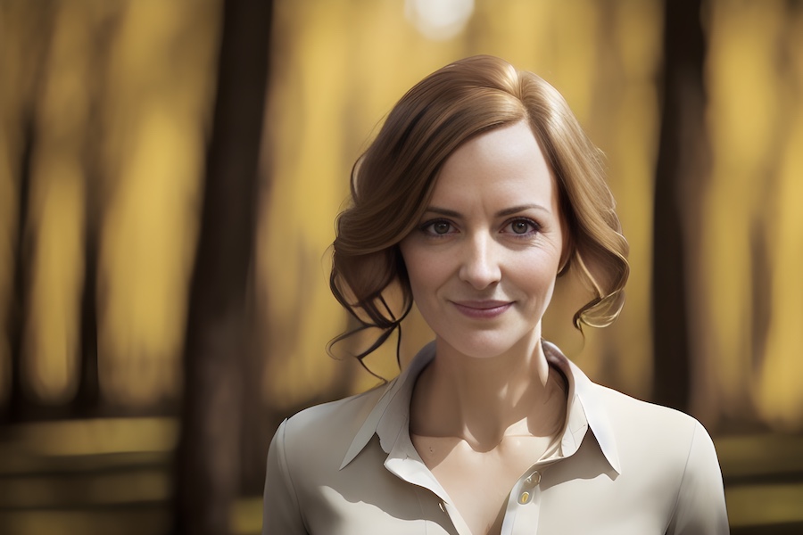 A woman in a white shirt embraces a minimalist style while standing in the woods.