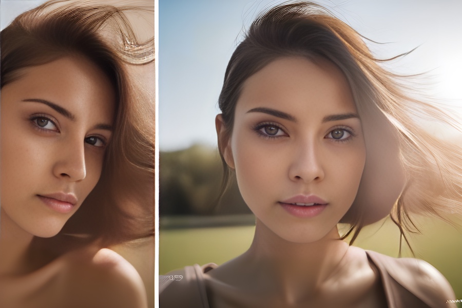 Two pictures of a woman with her hair blowing in the wind serve as a visual guide on how to pronounce the phrase "tote bag.