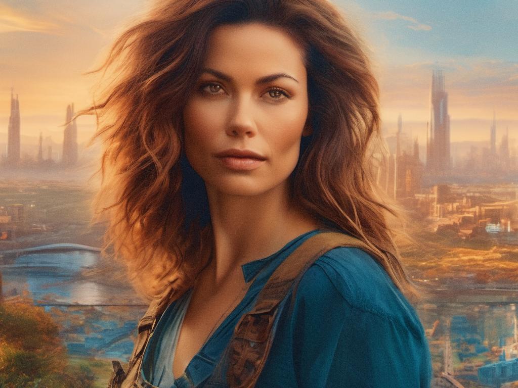 A woman with wavy brown hair and a confidence that matches the futuristic cityscape. Dressed in a blue top and Komal's Passion Leather vest, she carries a Men's Leather Satchel Bag, epitomizing modern urban style.
