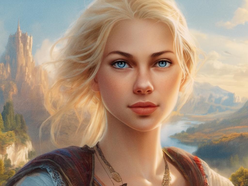A digital painting of a blonde woman with blue eyes against a scenic backdrop, her small satchel perfectly accessorizing her adventurous style. Mountains, river, and a distant castle complete the scene.
