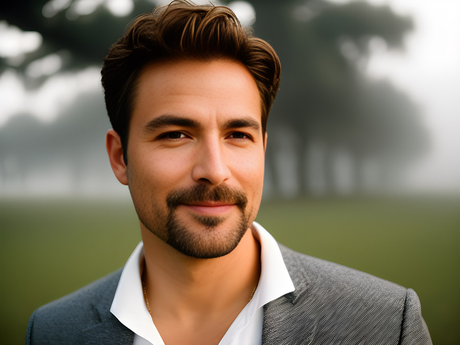 Bearded man, field.