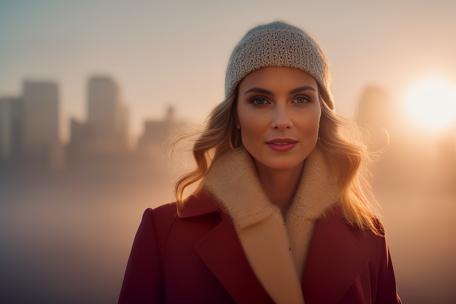 A stylish woman in a vibrant red coat and chic beige knit hat stands poised against a foggy city skyline, basking in the warm sunrise glow.