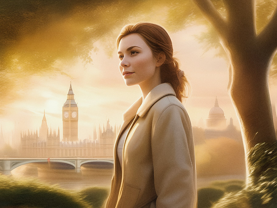 A stylish individual with flowing hair and a chic coat stands against a backdrop of Big Ben and Westminster Bridge, bathed in golden light. Serenity meets style.