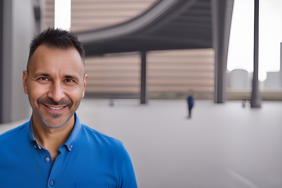 A man in a sleek blue shirt radiates style against a backdrop of modern architecture, embodying urban fashion and sophistication.