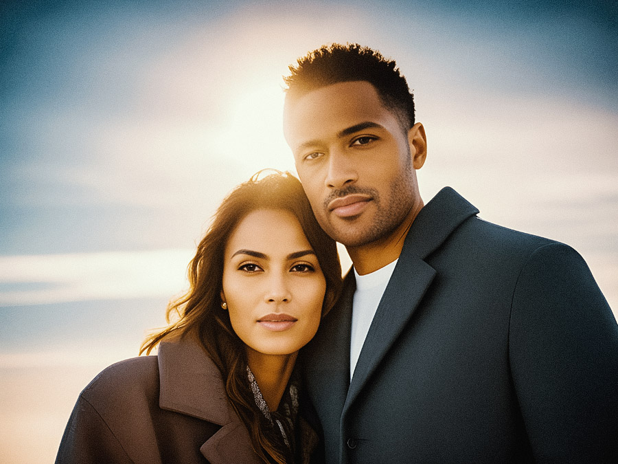 A fashionable duo stand close at sunset, exuding calm elegance in dark coats. The glowing halo from the sunlight adds a celestial touch to their stylish look against a soft, clear sky.
