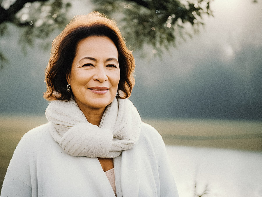 A woman with shoulder-length waves, draped in a white coat and matching scarf, radiates elegance against a serene misty backdrop of trees and water.