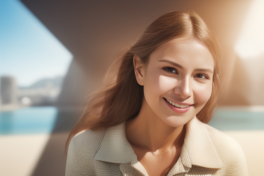 A young woman is smiling in front of a building while learning how to pronounce "satchel.