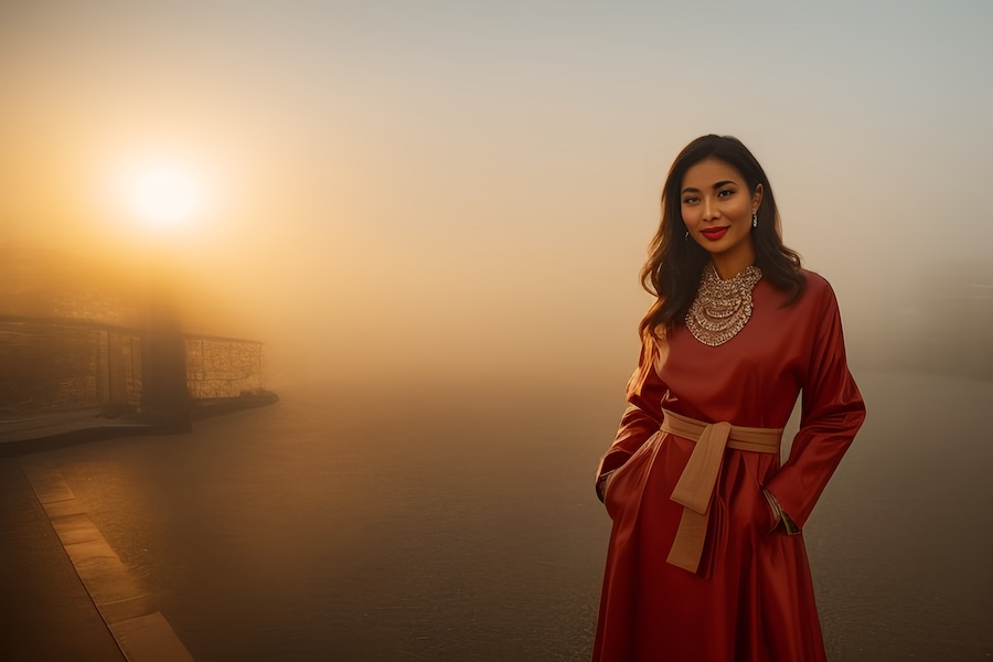 A woman dazzles in a red dress and bold necklace, exuding chic style on a misty sunrise path, bathed in soft golden light.