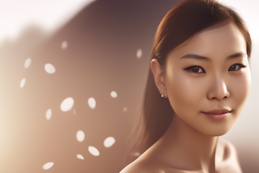 A stunning Asian woman is modeling for a photo.