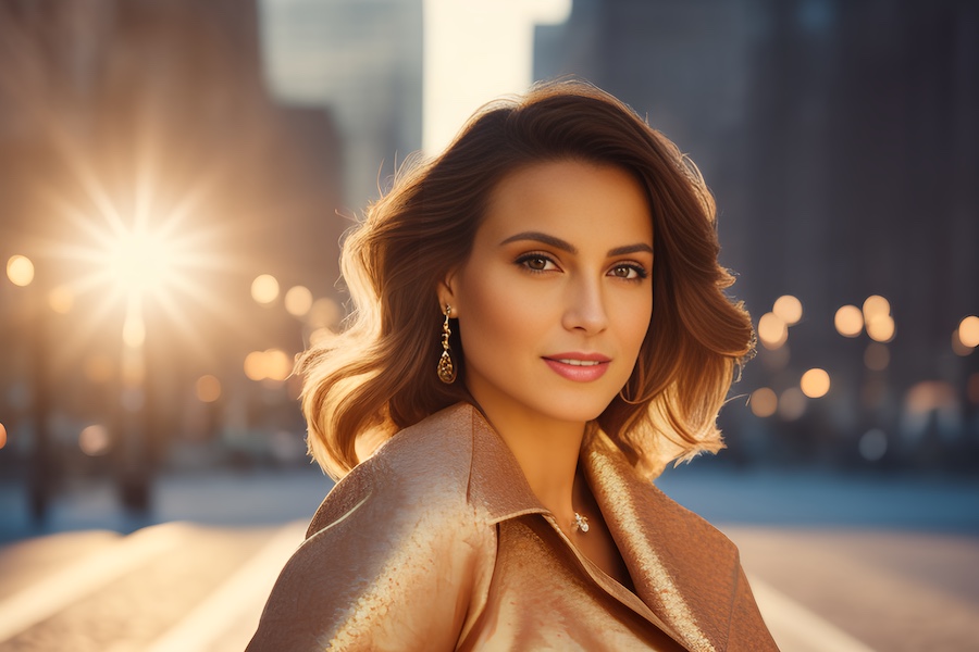 A stylish woman with shoulder-length hair and chic earrings poses in a cityscape. Her shimmering gold jacket catches the sunset's warm glow.