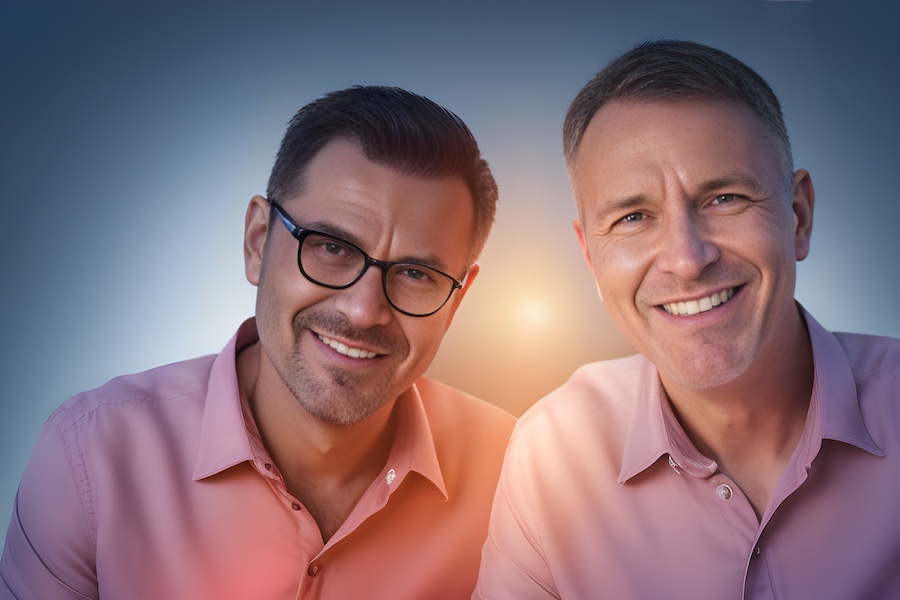 Two men in stylish pink shirts exude confidence, set against a trendy gradient blue backdrop. One accessorizes with chic glasses.