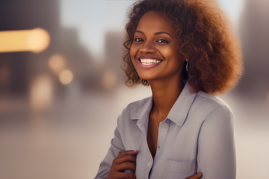 A smiling young African American woman in front of a city background.