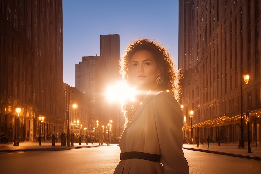A woman with curly hair exudes urban chic in a beige coat cinched with a black belt, glowing against a sunset-lit cityscape backdrop.