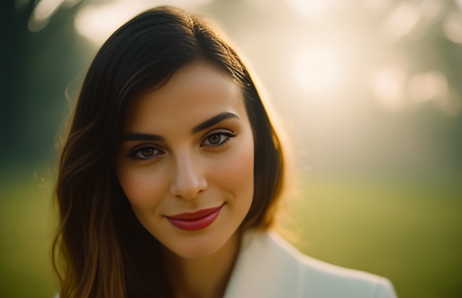 A fashion-forward individual with long, dark locks and a serene smile stands out against a sunlit, dreamy outdoor backdrop, embodying effortless style.