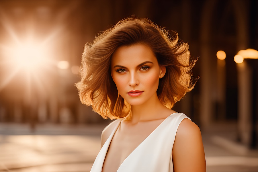 A woman exudes elegance in a sleeveless white dress, her wavy hair glowing under a sunset. Her calm confidence sets a serene fashion tone.