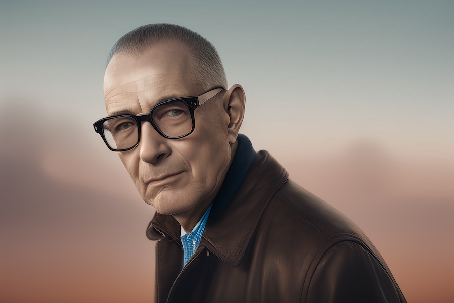 A portrait of a man wearing glasses and a jacket, demonstrating how to pronounce "satchel".