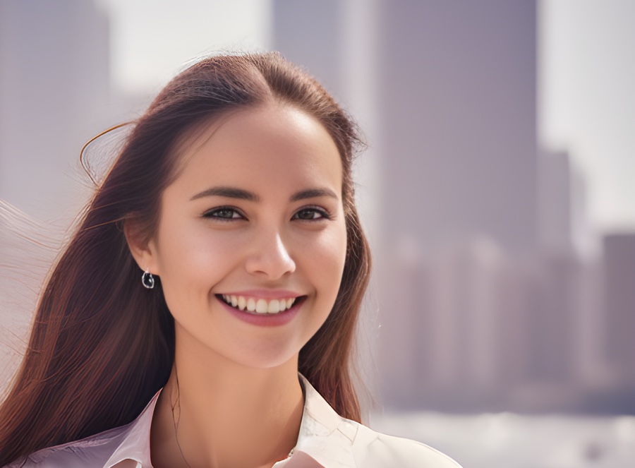 A young woman in front of a city, holding a cute messenger bag.
