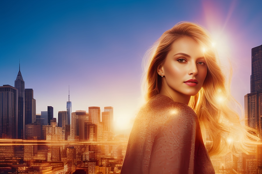 A woman with flowing blonde hair stands confidently against a vibrant sunset cityscape, embodying urban elegance in her style.