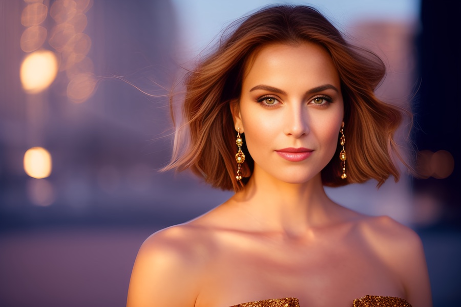 Elegant woman with shoulder-length hair and gold hoops stuns in a strapless dress, set against a backdrop of blurred city lights.