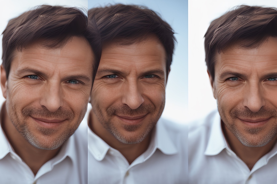 Three stylish portraits of a bearded man in a crisp white shirt, each offering unique angles and expressions against a blurred backdrop.