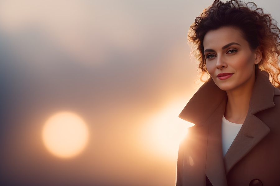 Stylish woman with curly hair dons a chic coat, set against a backdrop of warm, glowing lights, capturing cityscape elegance.