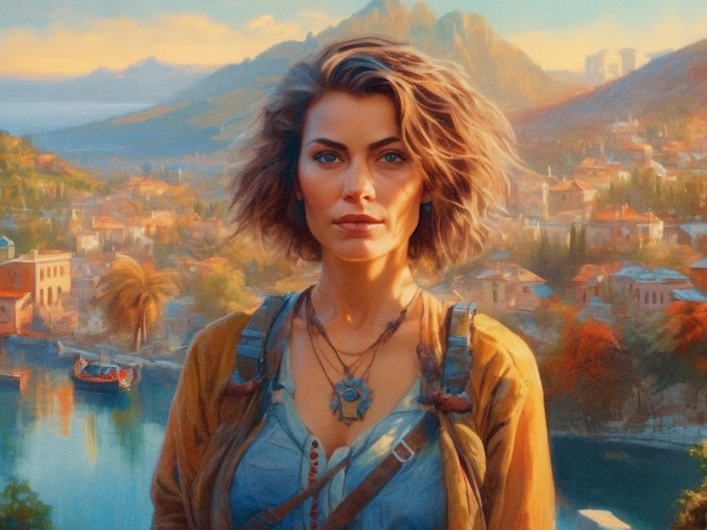 A chic woman with short, wavy hair stands before a stunning mountainous landscape and tranquil waters. Her layered necklaces and MKF PU Leather handbag epitomize effortless, adventurous style.