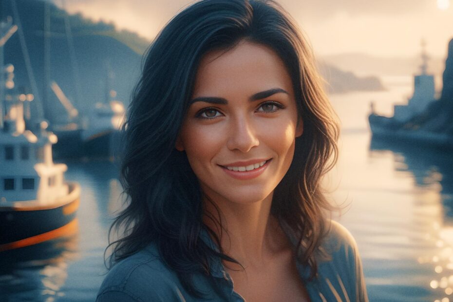 A smiling woman with dark, shoulder-length hair and a luxury backpack, stylishly blending into a serene waterfront backdrop and hazy sunset sky.