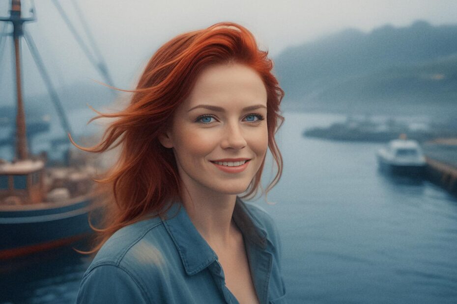 A woman with flowing red hair and a gentle smile stands by a foggy harbor, wearing a chic blue shirt. She showcases the serene elegance of the latest Fossil Bag Collection against misty boats and water. #NewSeasonFashion