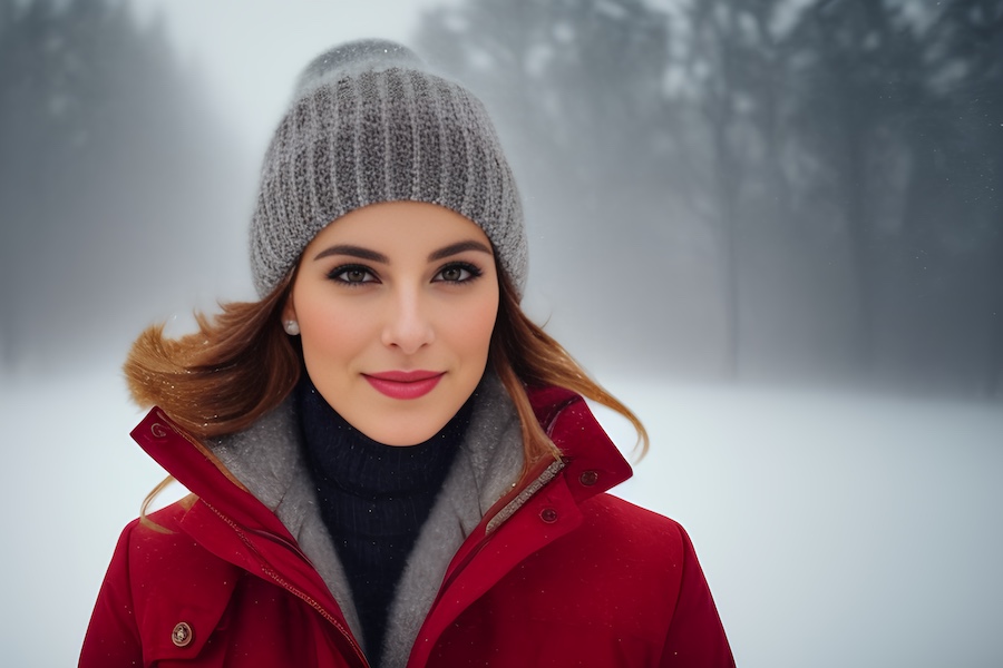 In a snowy, misty landscape, a woman exudes winter style in a chic red coat and gray beanie; her soft smile complements the serene scene.