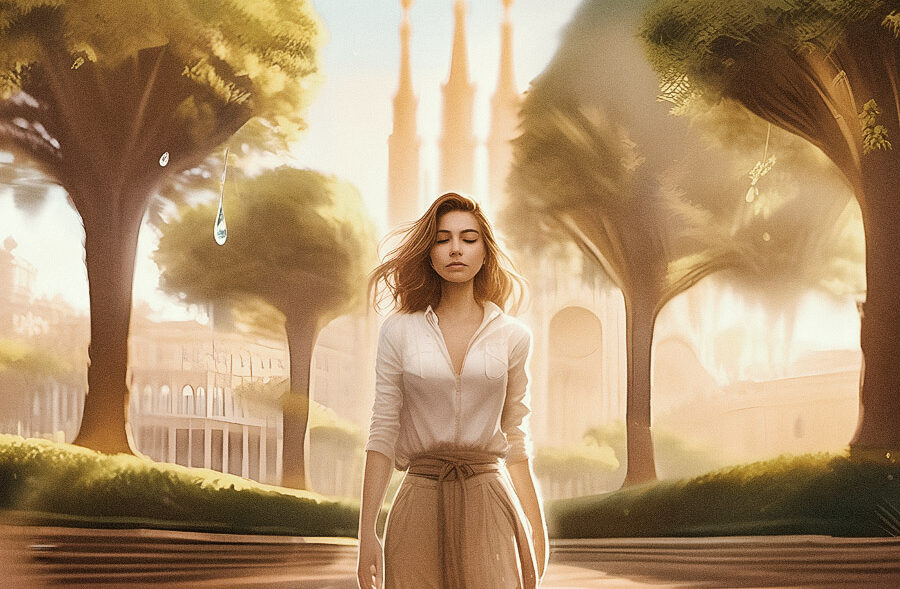 A serene woman, eyes closed and hair flowing, strolls a sunlit path in chic white and beige attire. Water droplets glisten around her amidst grand, warmly lit structures.