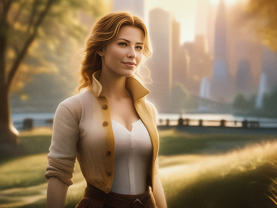 A chic woman with wavy blonde hair in a beige jacket over a white blouse stands in a sunlit park, with trees and a city skyline behind. Warm, serene vibes.