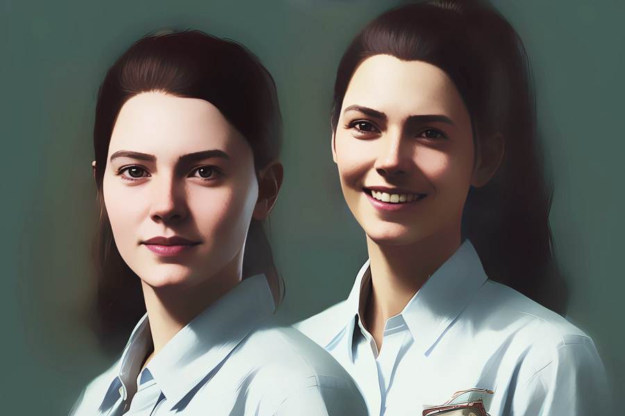 Two stylish women sporting elegant white shirts, embodying simplicity and grace.