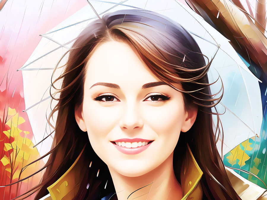 A woman gracefully holding an umbrella amidst a serene rainy backdrop.