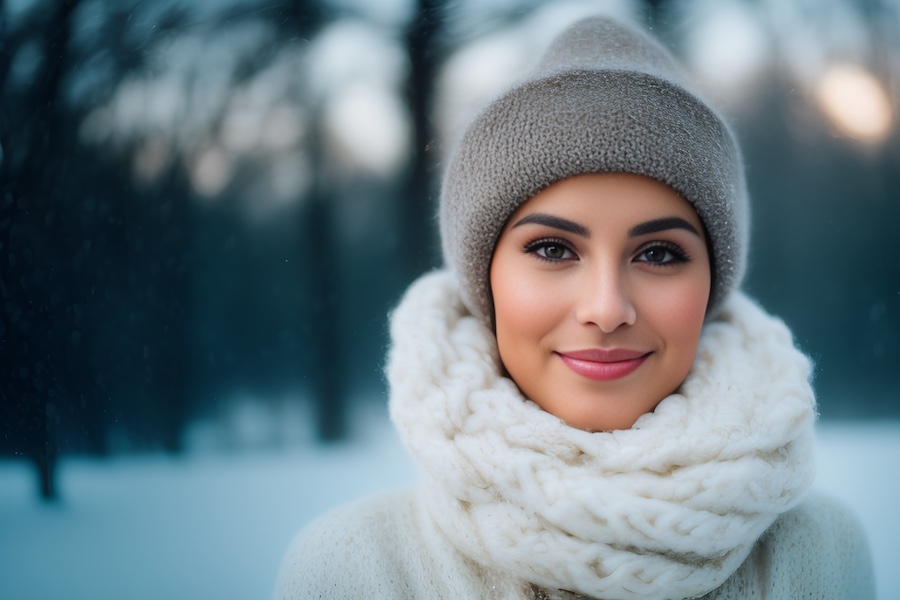 A person exudes cozy winter style in a gray knit hat and chunky white scarf, smiling amid snowy trees under soft, inviting light.