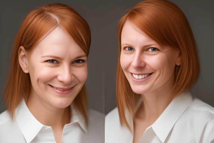 Two portraits of a red-haired person in a white shirt, beautifully highlighting the effortless chic of minimalism with a friendly smile.