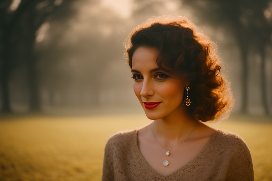 A woman with curled hair and bold red lipstick stands stylishly in a foggy park, showcasing elegant dangling earrings and a chic necklace.