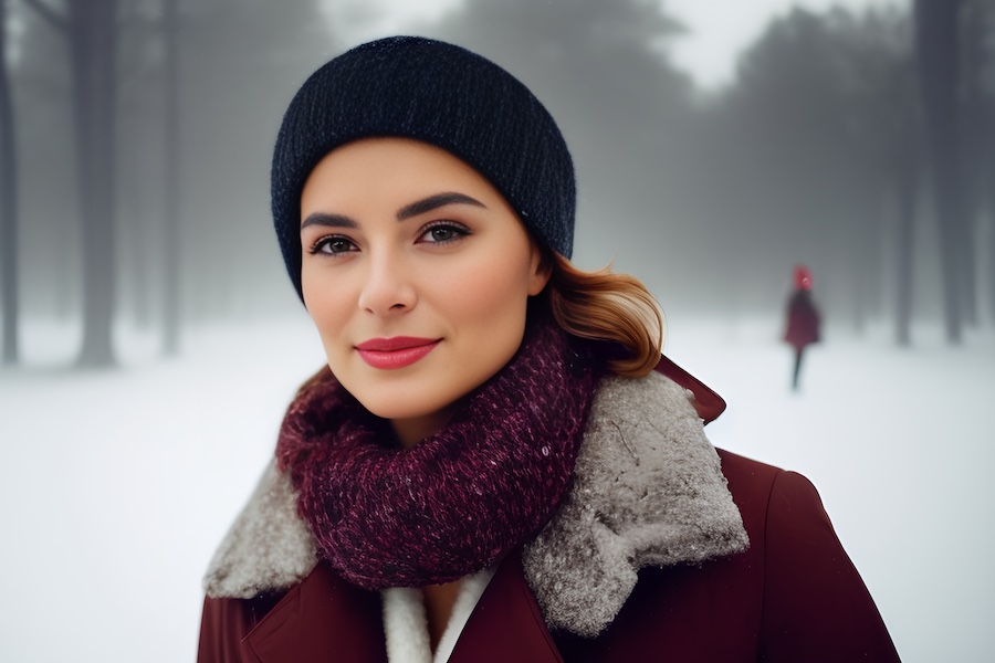 A stylish woman dons a dark beanie, maroon scarf, and shearling-collar coat on a snowy day, while another flaunts a bold red coat nearby.