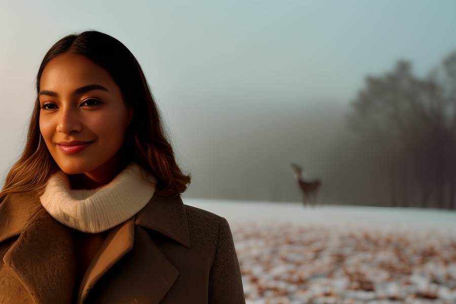 A woman exudes winter elegance in a beige coat and white turtleneck amidst a snowy field. A deer graces the misty background, enhancing the serene scene.